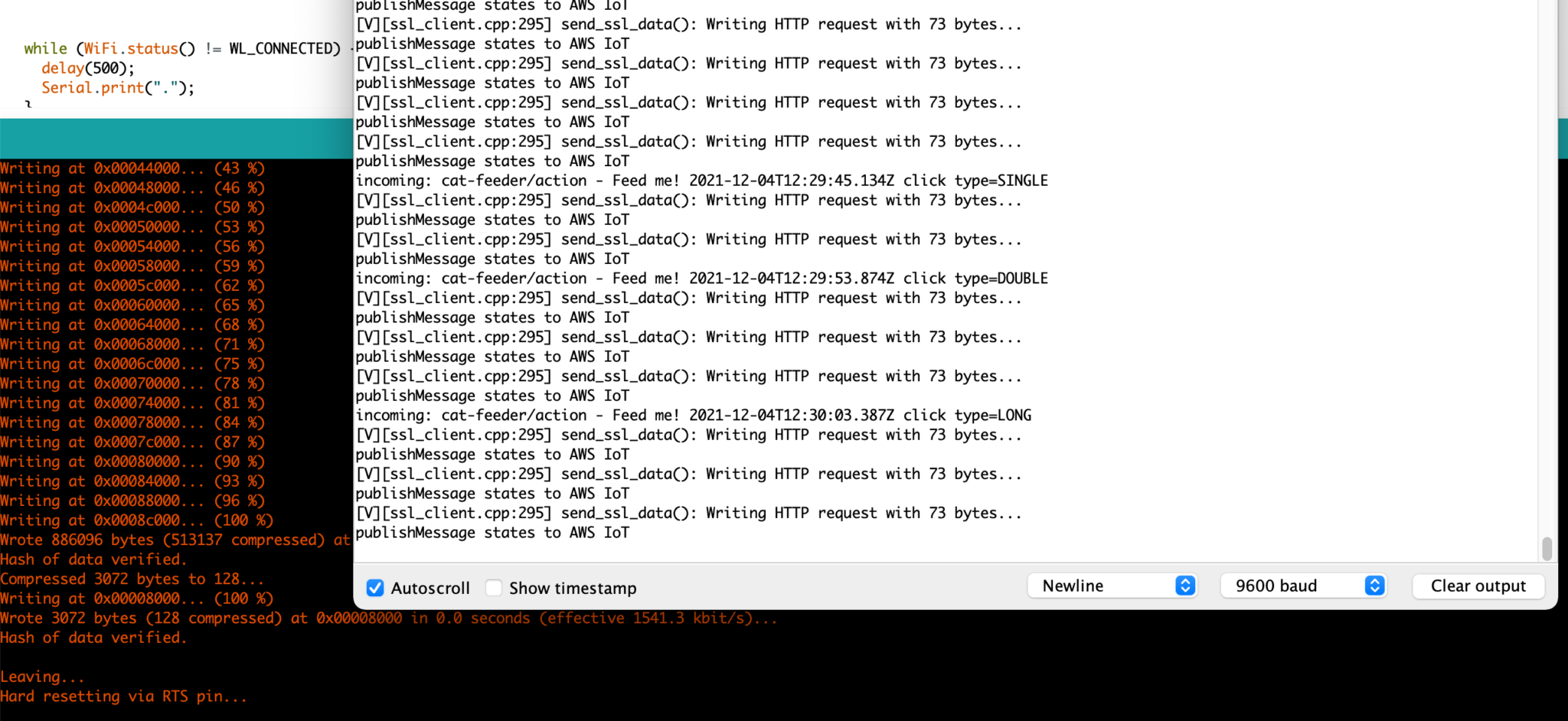 arduino console aws iot mqtt messages