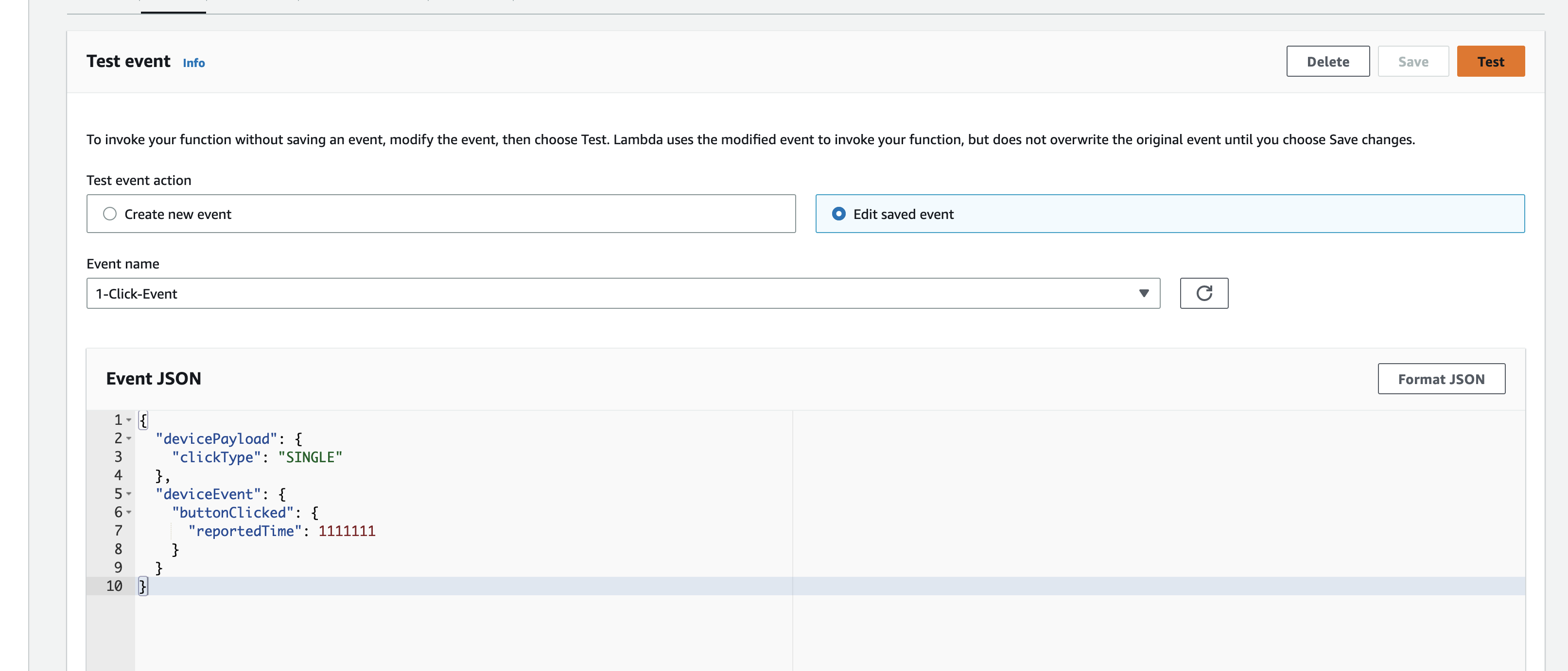 1-Click Handler Lambda - Test Event