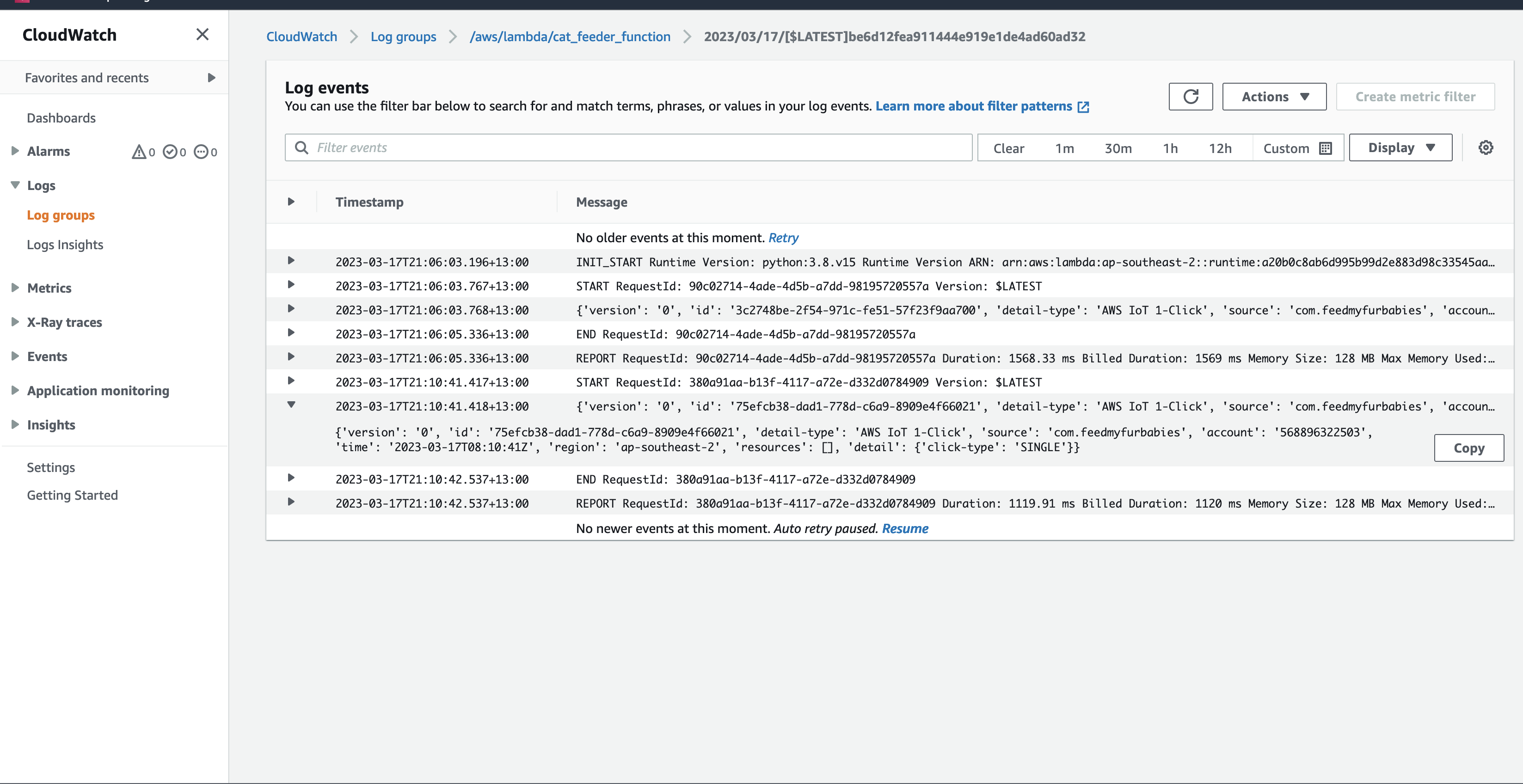 Send MQTT Message Lambda - Logs
