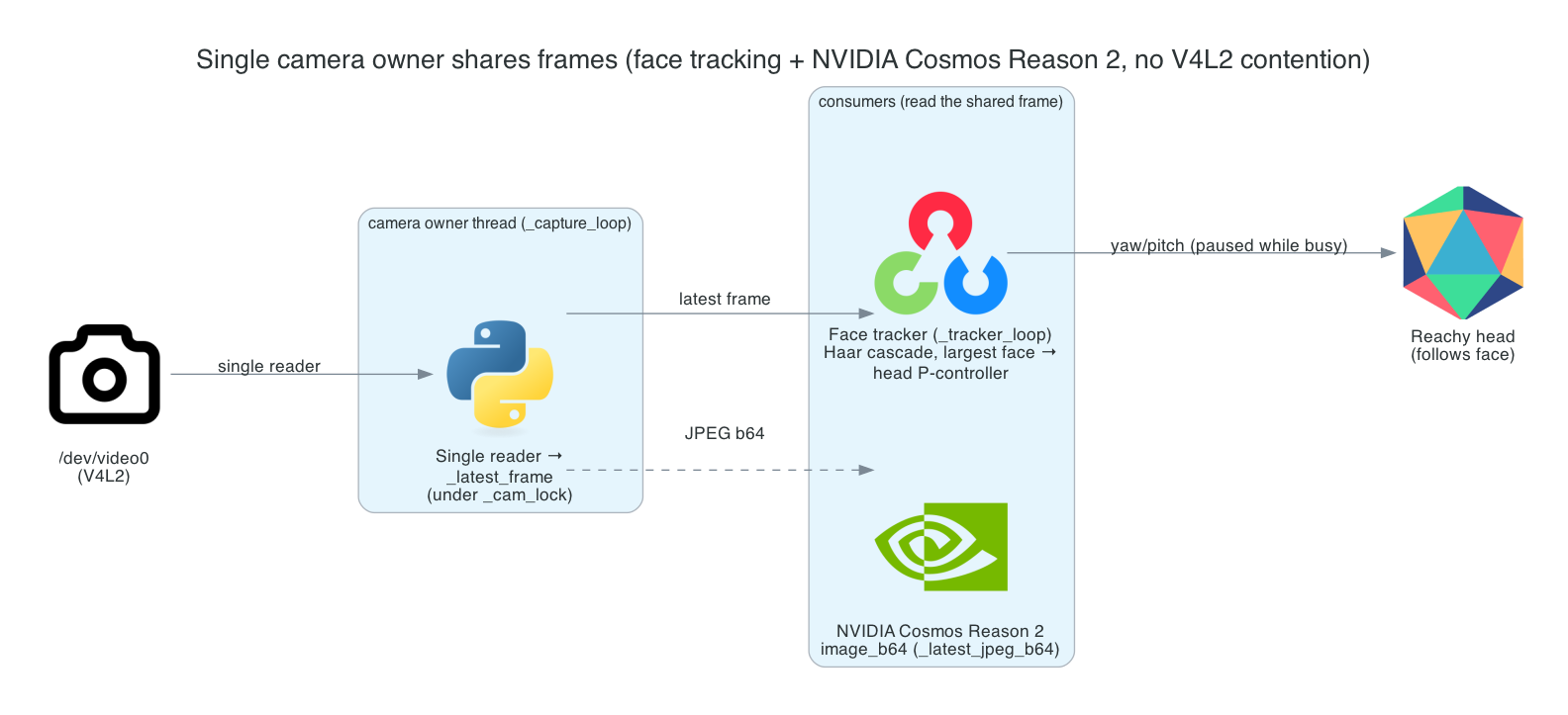 A single camera-owner thread publishes the latest frame to the face tracker and Cosmos Reason 2