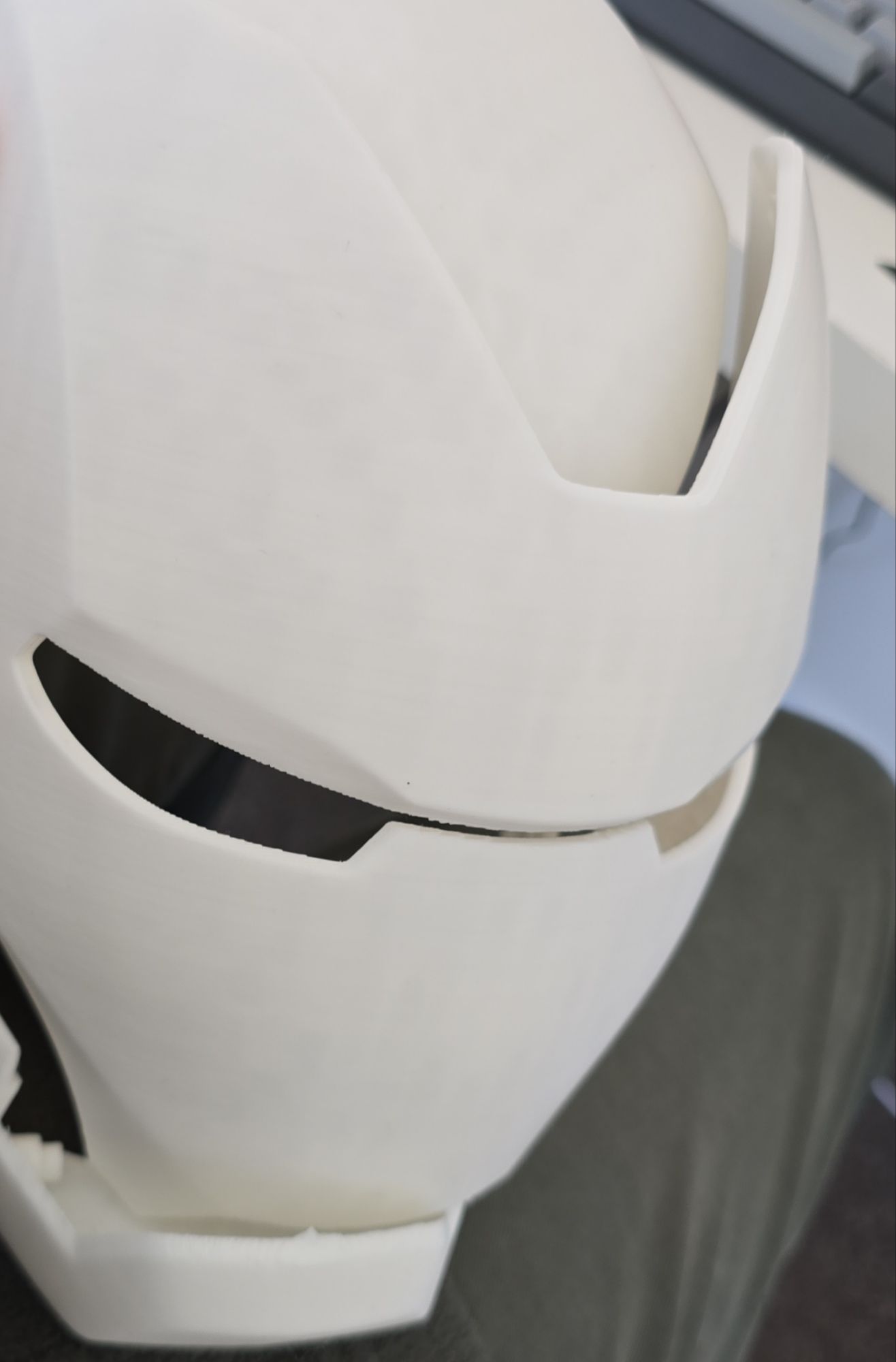 Close-up of the assembled helmet showing the eye slits and brow