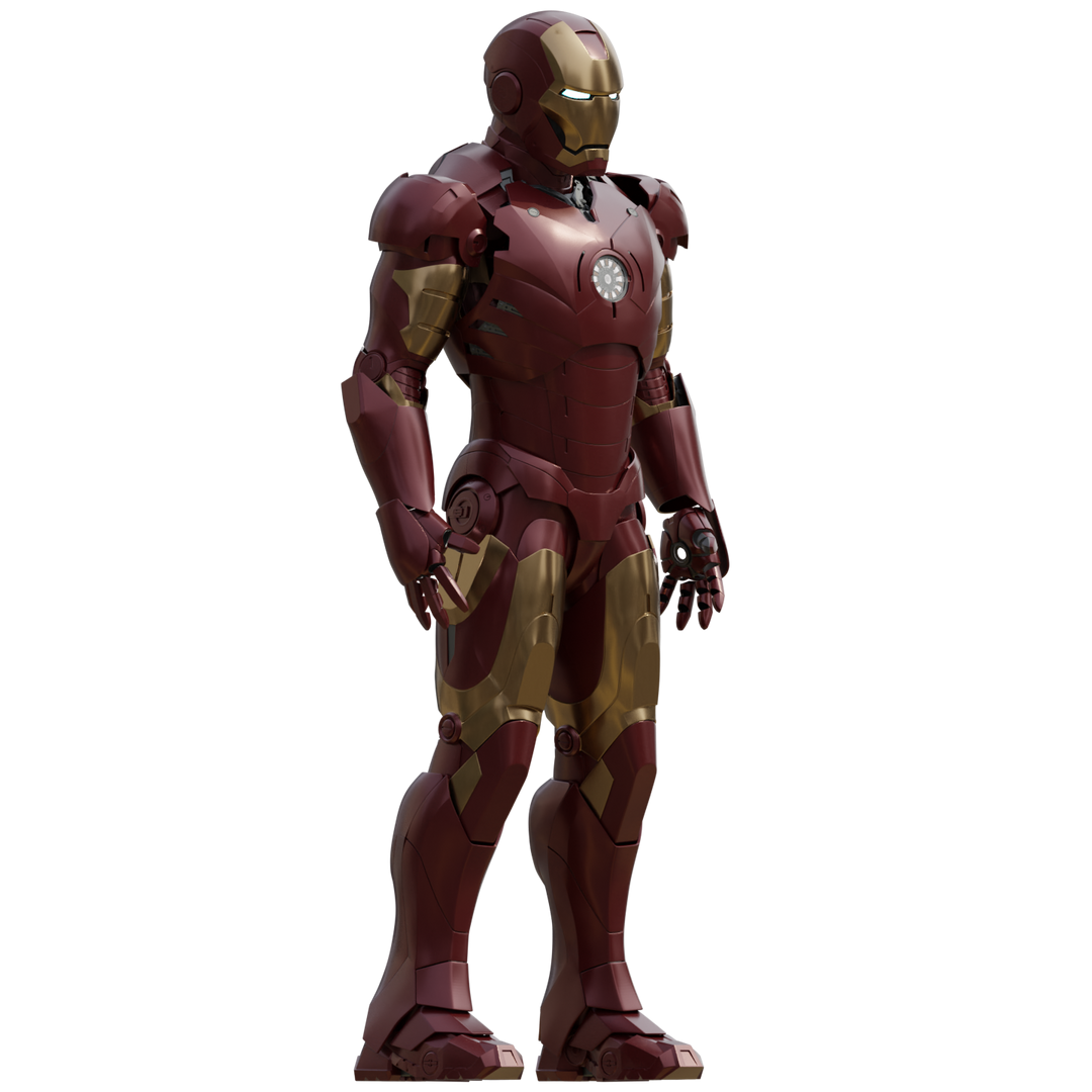 Render of the complete red and gold Iron Man Mark 3 suit